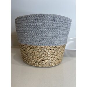 Two Tone Woven Seagrass and Grey Cotton Rope Round Storage Basket Planter 8x9.5